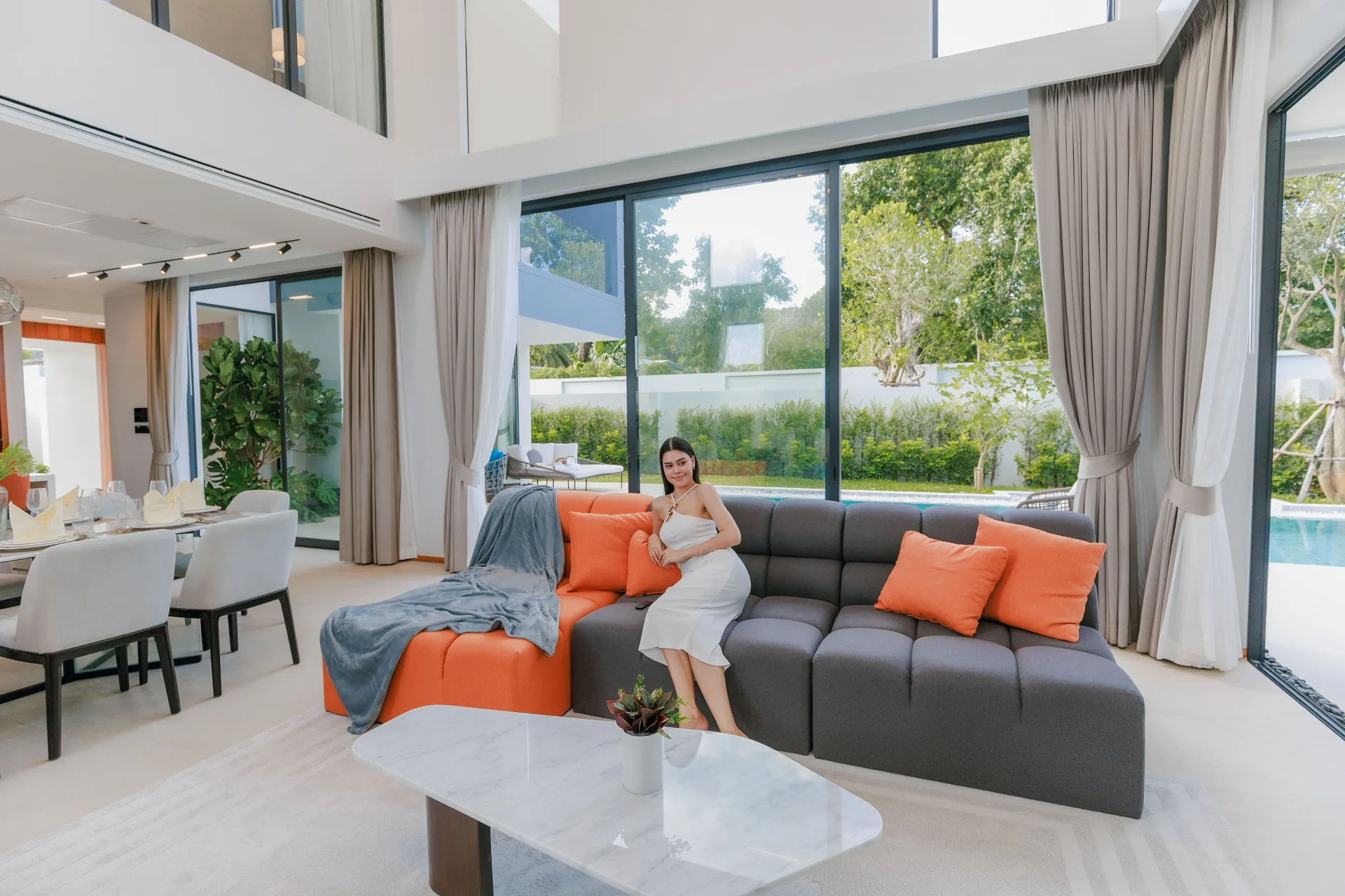 Living room with pool view